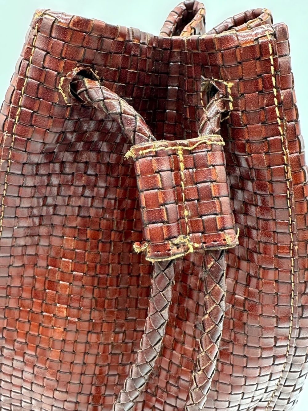 VTG DESMO Italy Woven Leather Backpack Brown Intrecciato Bucket Bag Boho - Picture 10 of 15
